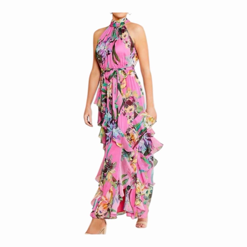 Alex Marie Nina Halter Floral Maxi Dress Pink Ruffle Tiered Wedding Guest NWT 6